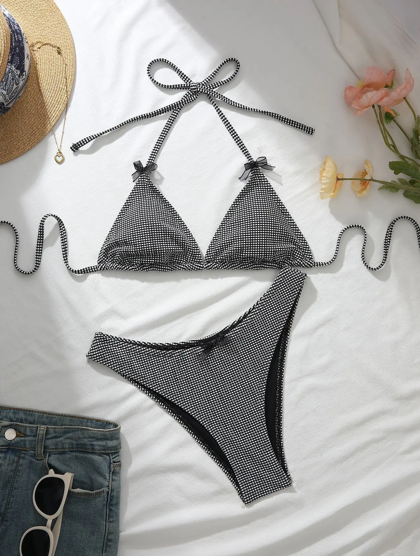Sexy Black Plaid Bikini Set 2026 Women Bow Strap Push Up Bra Thong Swimsuit Summer Holiday Bathing Suit Micro Swimwear Biquini