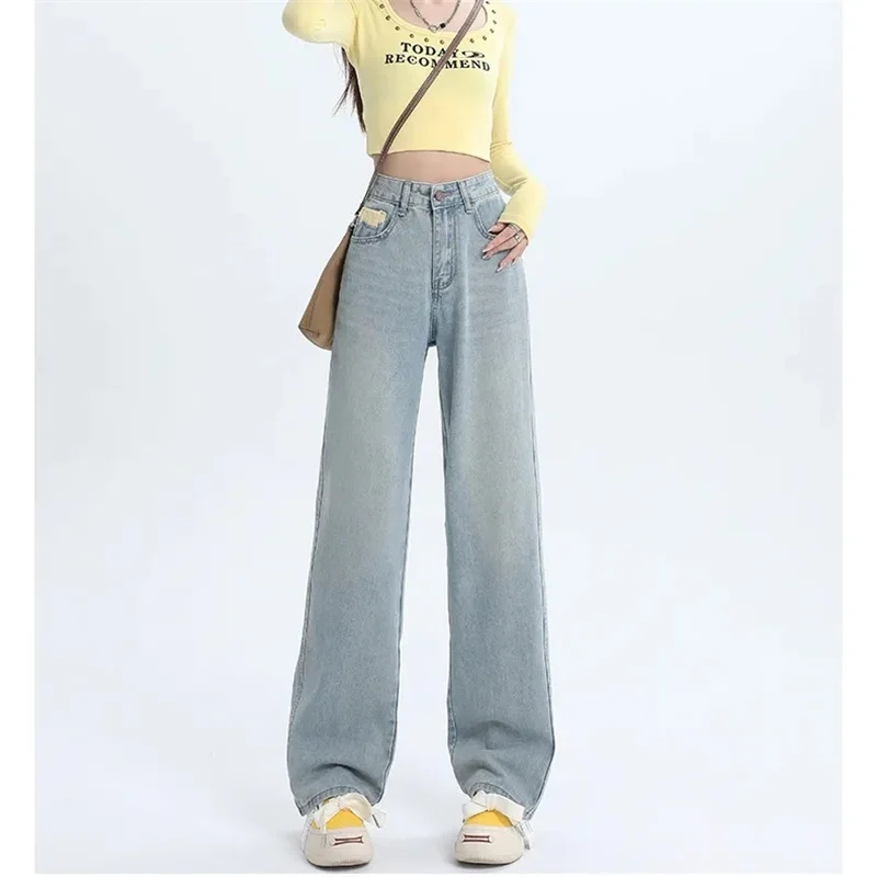 

Spring Autumn Women Wide Legs Pans Ladies Solid Color Straight Cylinder Denim Pants Female High Waisted Leisure Cowboy Trousers