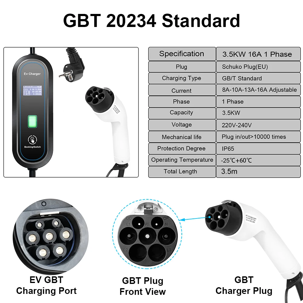 Teschev 3.5KW 16A EV Portable Charger Type2 EVSE Wallbox GBT Electric Car Charger J1772 Type1 Charging Adapter