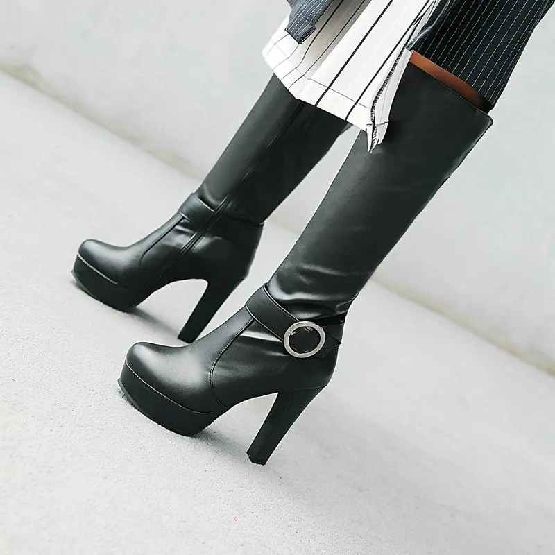 Sexy Big Size 44 45 Plain Black White Beige Round Toe Platform Winter Lady Shoes Thick Block High Heels Mid-calf Stretch Boots