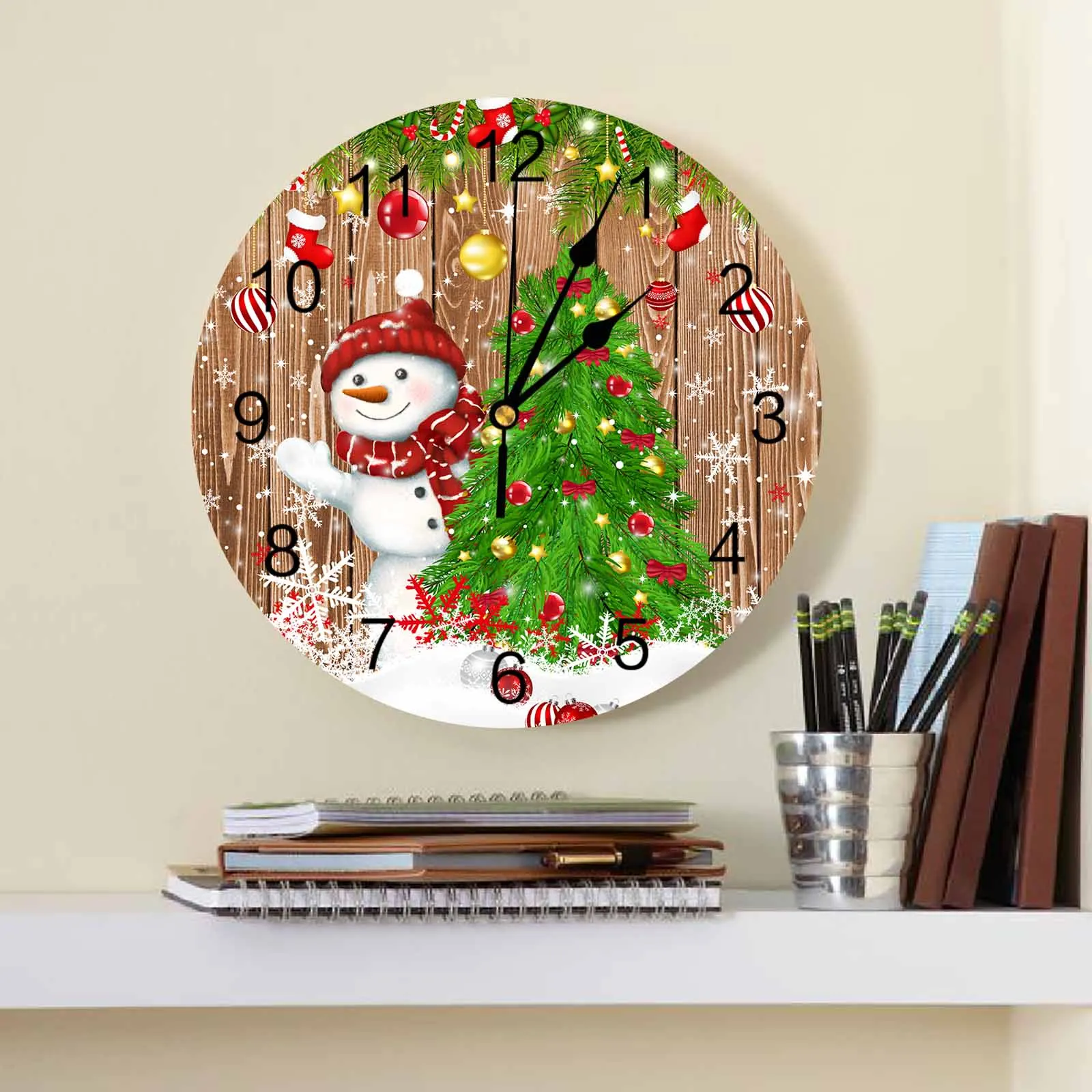 Snowman Christmas Tree Christmas Ball Wall Clock Large Modern Kitchen Dinning Round Wall Clocks Bedroom Silent Hanging Watch