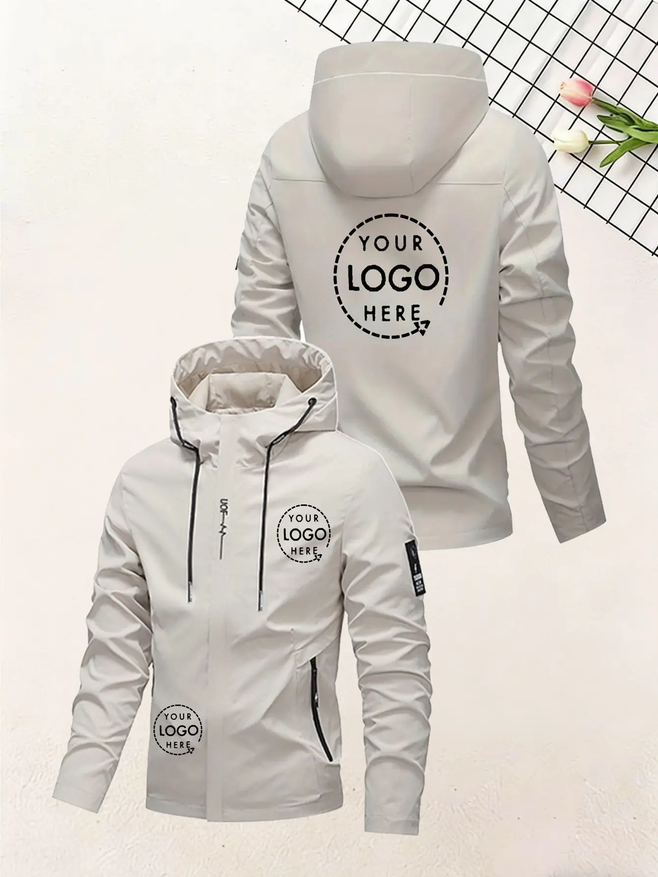 Casual men's hooded zipper jacket, a simple and versatile coat. Featuring an uploaded logo/text/image to create a unique design