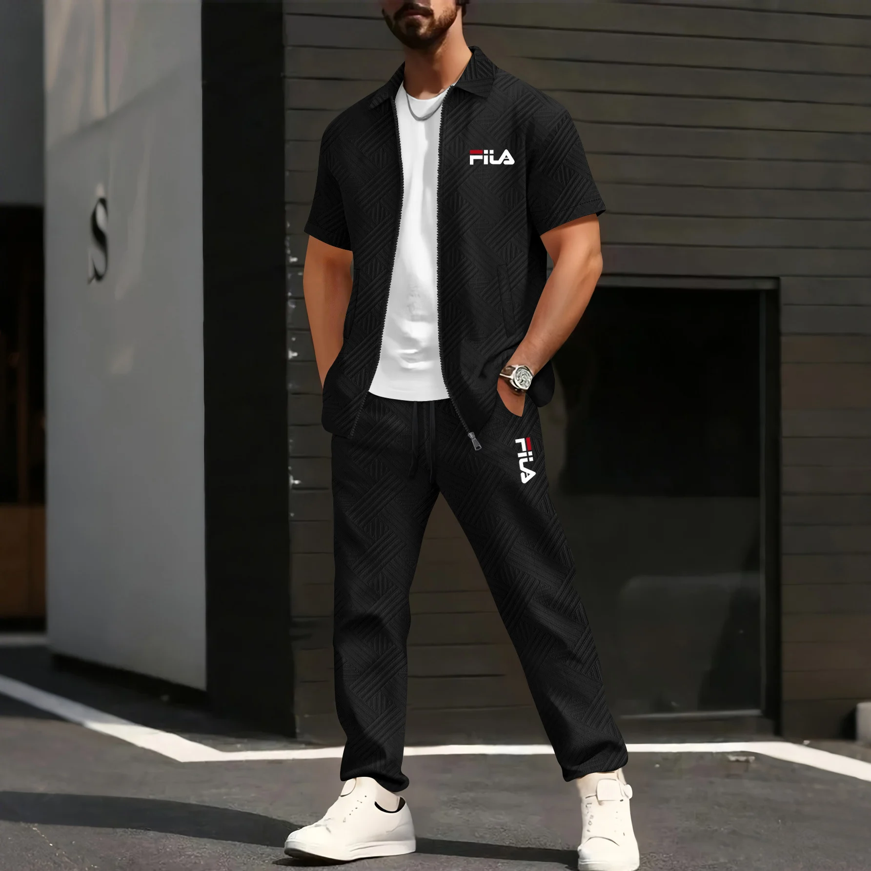 

Men's 2 Piece Jacquard Set, Short Sleeve Zip Up Shirt & Drawstring Pants, Retro Streetwear for Urban Fashion