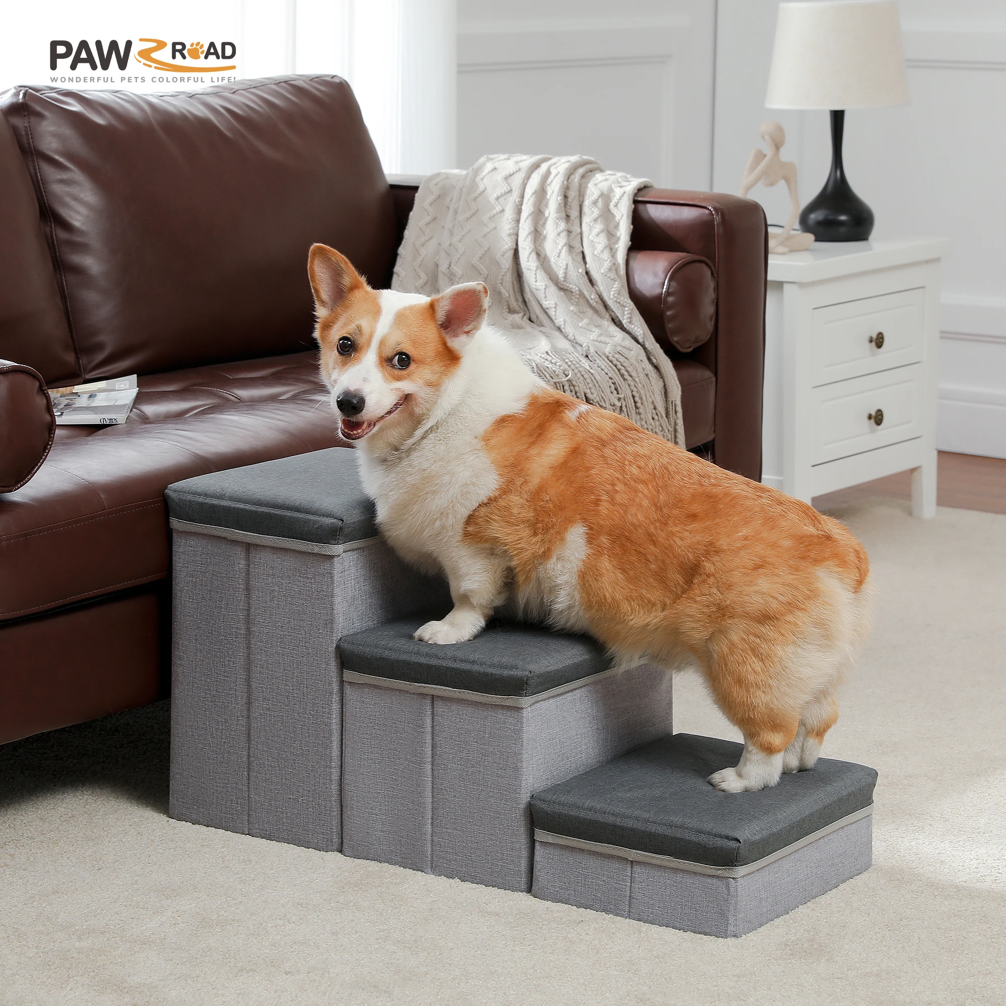3-Tier Dog Stairs Foldable Pet Stair with Storage Box Adjustable Height Dog Steps for Small Old Dog...
