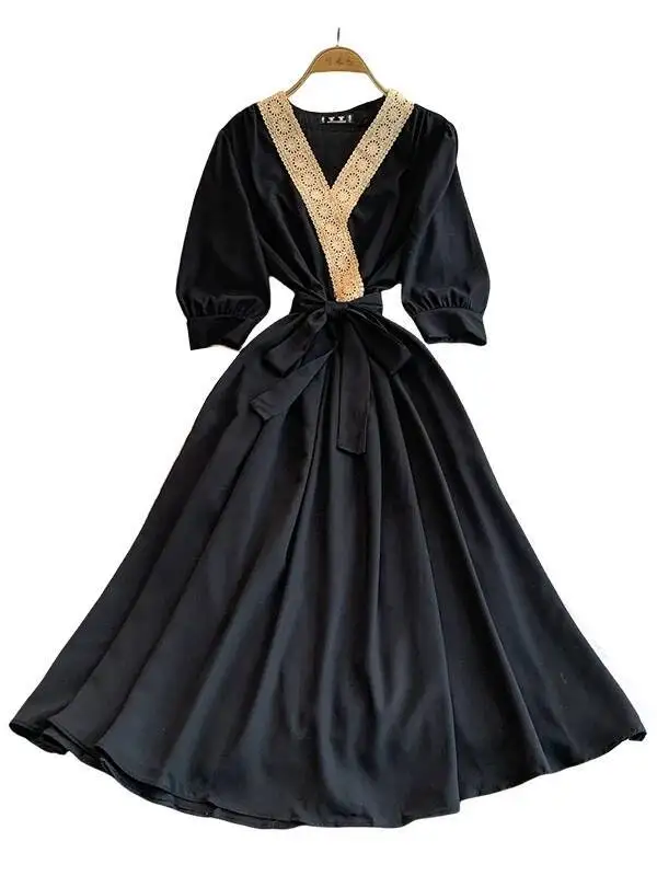 BabYoung Office Lady Vintage French Vestidos Patchwork V Neck Lantern Sleeve Lace Up Robe Satin Slim Waist Dresses