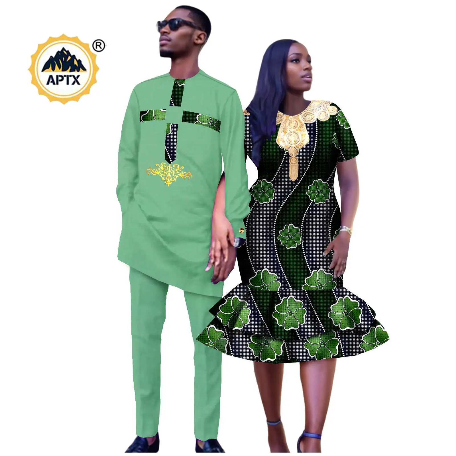 African Sexy Print Ruffles Mermaid Hip Dresses Matching Couple Outfits Bazin Riche Dashiki Men Clothes Top and Pant Sets 24C063