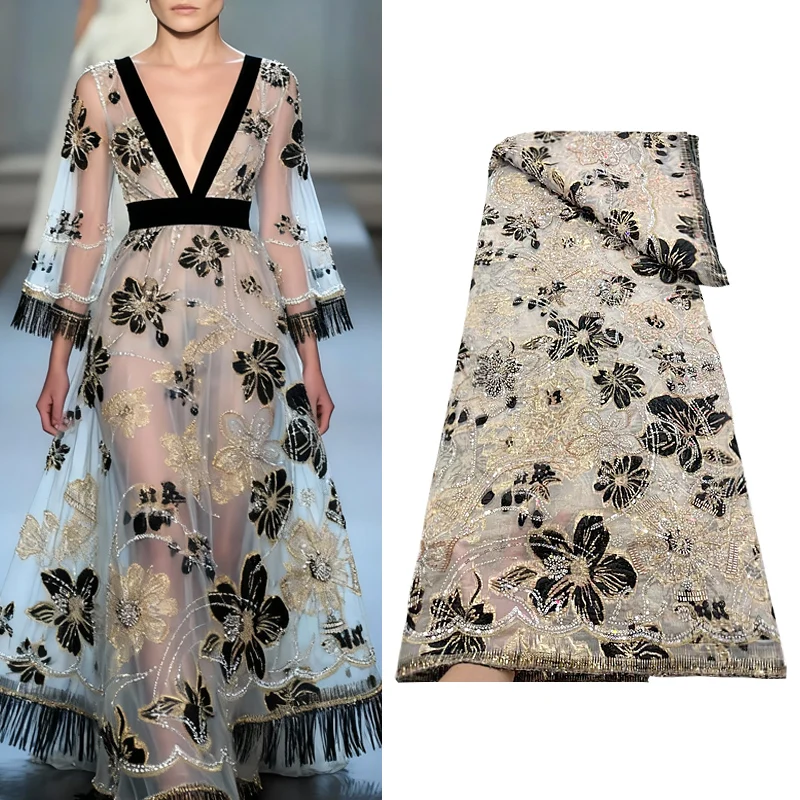 

Африканская кружевная ткань, жаккардовое шифоновое кружево с блестками и кристаллами 2025 года, блестящая золотая атласная жаккардовая ткань, женское праздничное платье