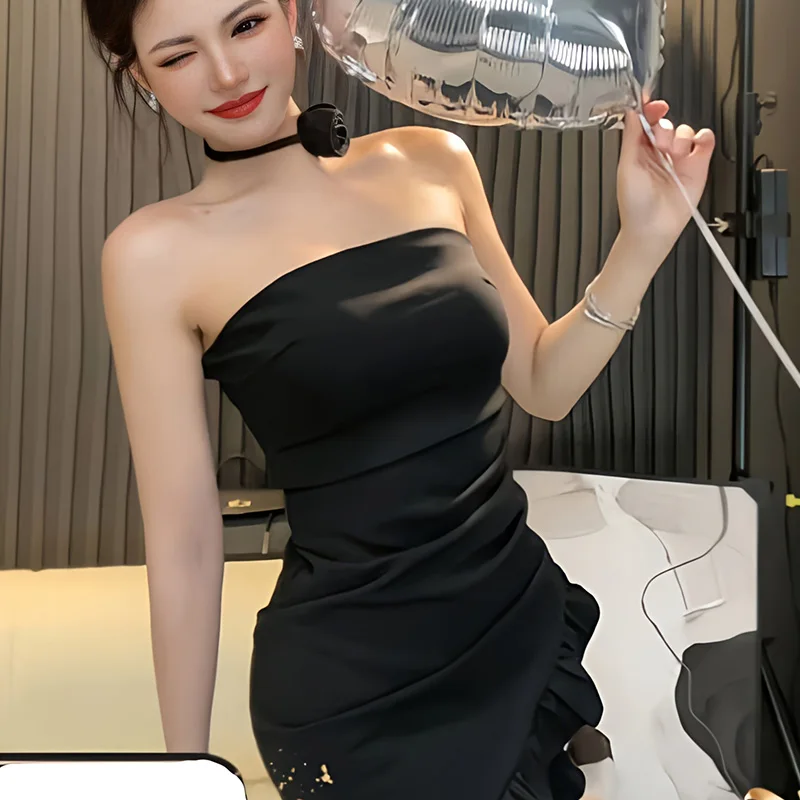 Spring Summer Korean Pure Desire Wind Versatile Retro Solid Color Hanging Neck Flower Ruffled Sleeveless Bust Wrap Hip Dresses