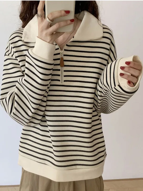 

Women's Casual Loose Long Sve Ne Sweater Spring Autumn Stripe f Zipper Faionable Top American Retro Sle
