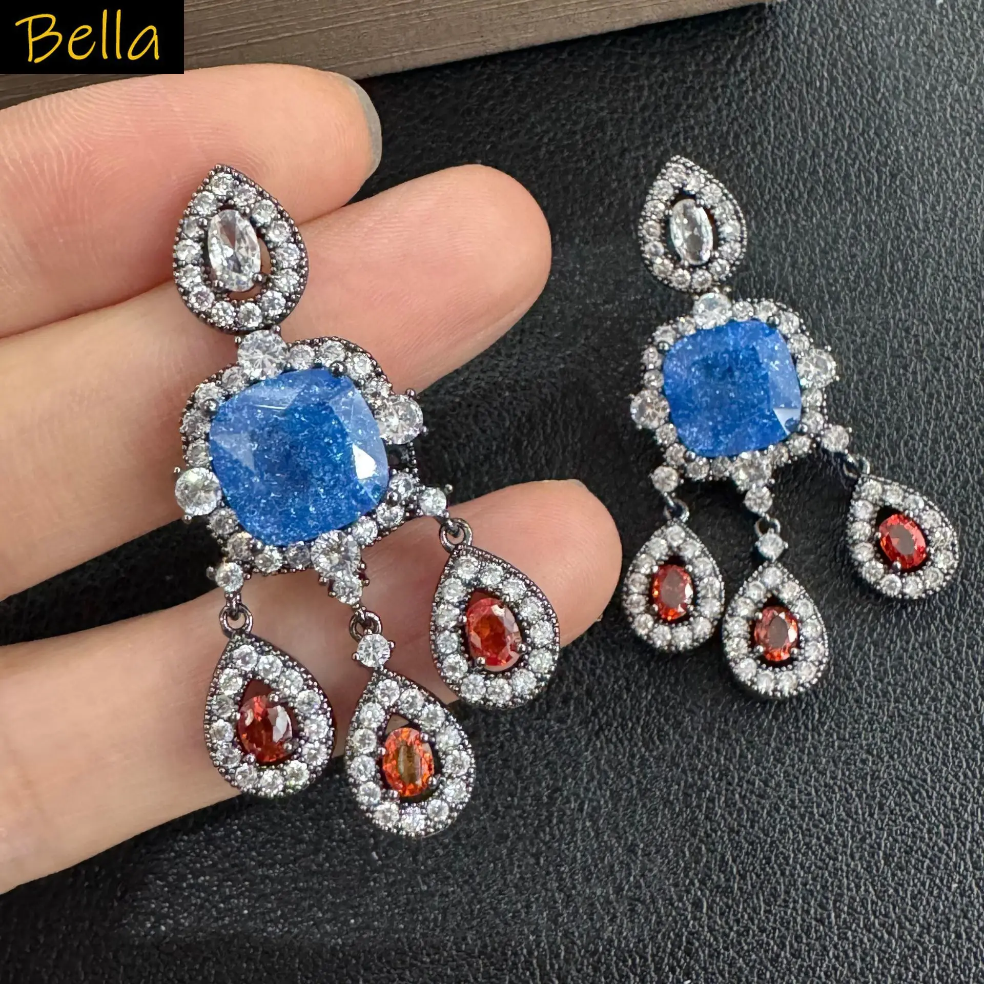 

Ornate Multi Color Zircon Tassel Earrings for Women Cute Statement Jewelry for Party Wedding Blue Green Dangle Earrings