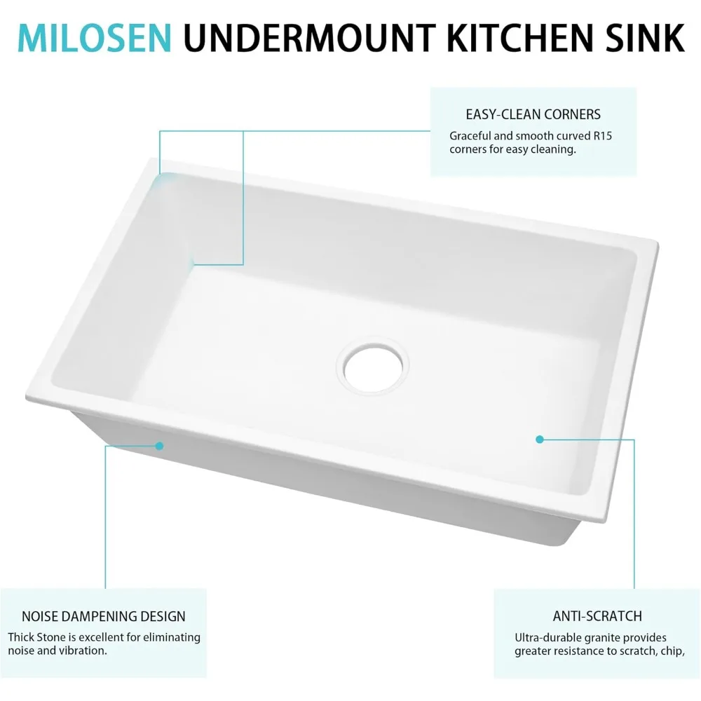 MILOSEN Pia de cozinha sob montagem compuesta de granito de tigela única de 31 x 18 polegadas com profundidade de 9 polegadas e grande capacidade