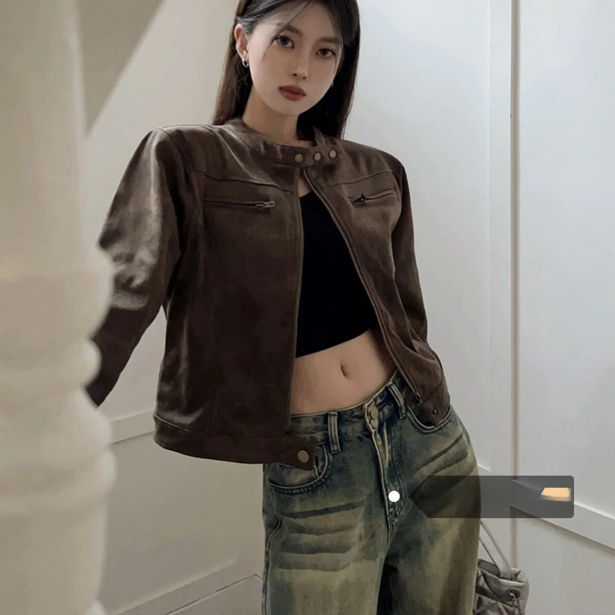 Retro American Coffee Short Jacket Outerwear 2026 Spring New Style Spicy Girl Collar PU Leather Coat Polyester Fabric