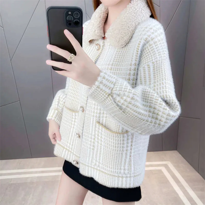 Women Jacket Imitation Mink Velvet Coat New Women\'s Autumn And Winter Loose lattice Knitted Cardigan Female Woolen Coat