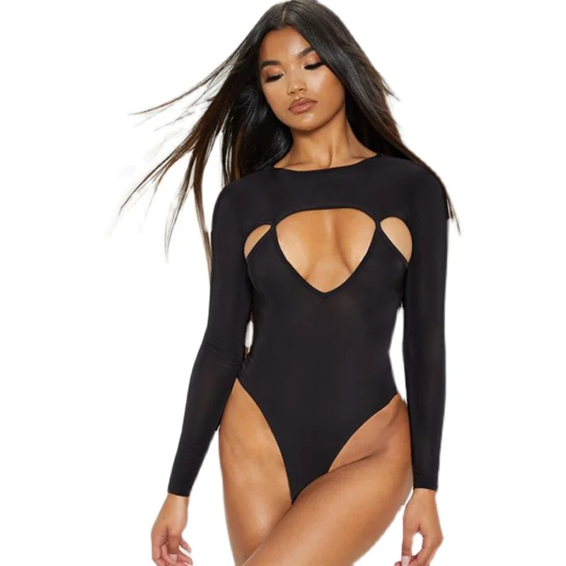 섹시 슬림핏 바디수트 점프수트 여성 스트릿 스타일 하이웨이스트 홀로우 아웃 오트 팬츠 캐주얼웨어 레귤러 얇은