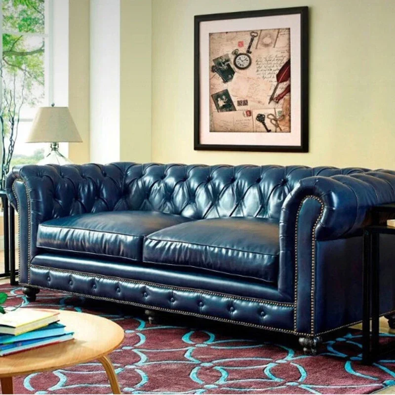 American hotel lobby furniture vintage black tufted sofa genuine leather sofa couch luxury living room chesterfield sofa 3 seat