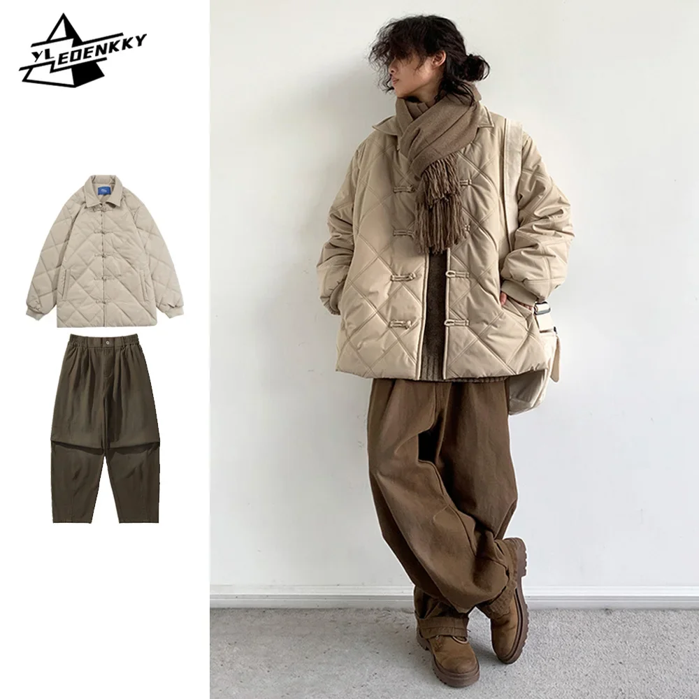 Chinese Vintage Set Men Women Diamond-shaped Checkered Buckle Warm Parkas+Washed Loose Casual Cargo Pants Winter Two-piece Suit