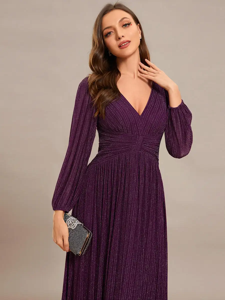 Vestido de noite elegante maxi longo decote em v com mangas compridas cintura alta 2025 sempre bonito de brilho brilhante roxo vestido de dama de honra