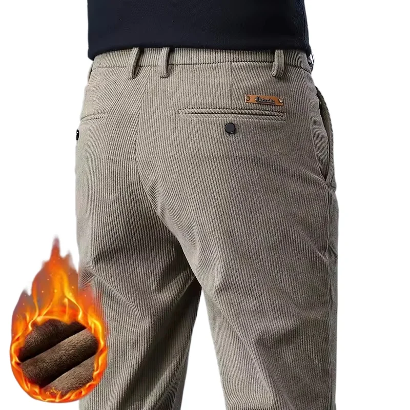 

New Fleece Pants Men Casual Work Business Trousers Winter Corduroy Straight Slim Pants Outdoor Streetwear Thick Warm Sweatpants