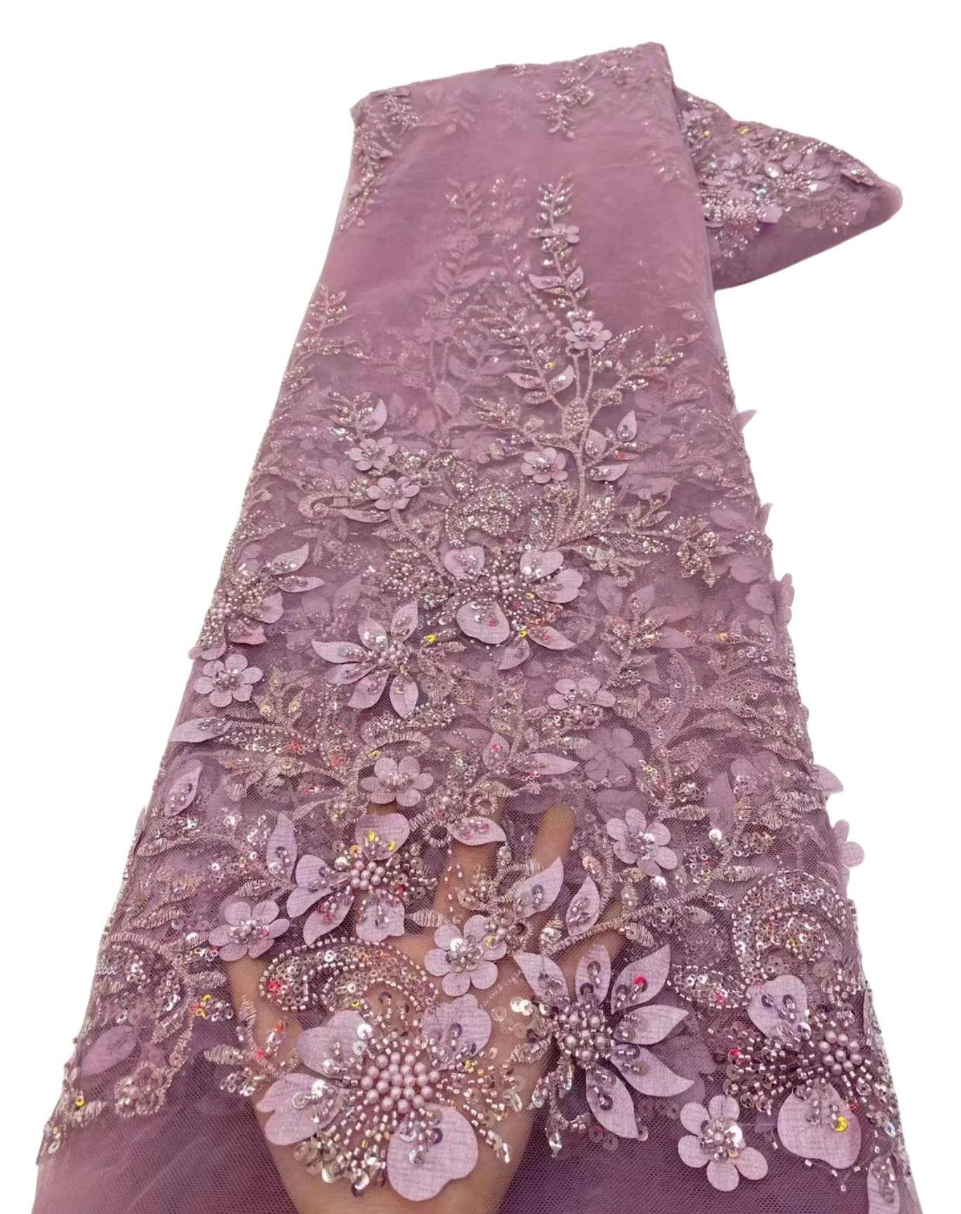 1 Yards African Sequins Beads Lace Fabric 2025 High Quality 3D Flower French Mesh Tulle Embroidery Wedding Bridal Lace