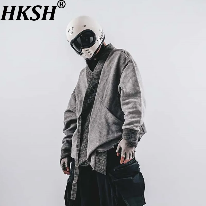 

HKSH Весна Осень Новые мужские грязные мытые отходы Land Style Color Block Лоскутное пальто со шнуровкой и вырезами в тренде Свободные халаты HK14865