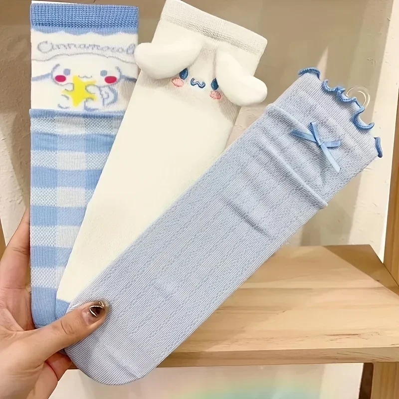 

3Pcs of cinnamon rolls mid-tube socks light blue series Sanrio Kawaii girls pure cotton soft breathable non-slip Lilo socks