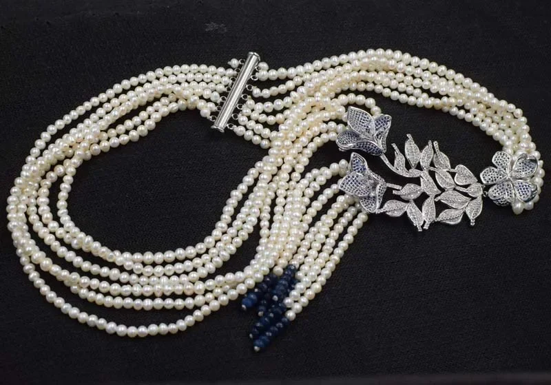 7rows freshwater pearl white near round shape 4-5mm +blue flower +blue jade  necklace 18-24inch  wholesale beads nature