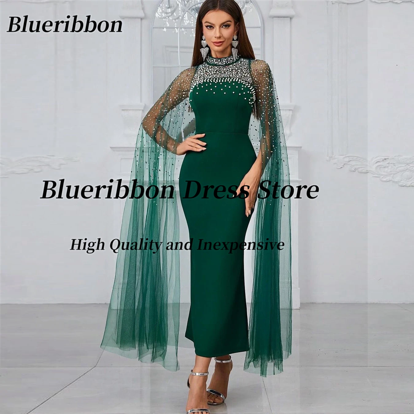 

Blueribbon High Collar Ankle Length Mermaid Prom Dresses Beaded Tulle Sleeves Pageant Party Special Banquet Evening Gowns