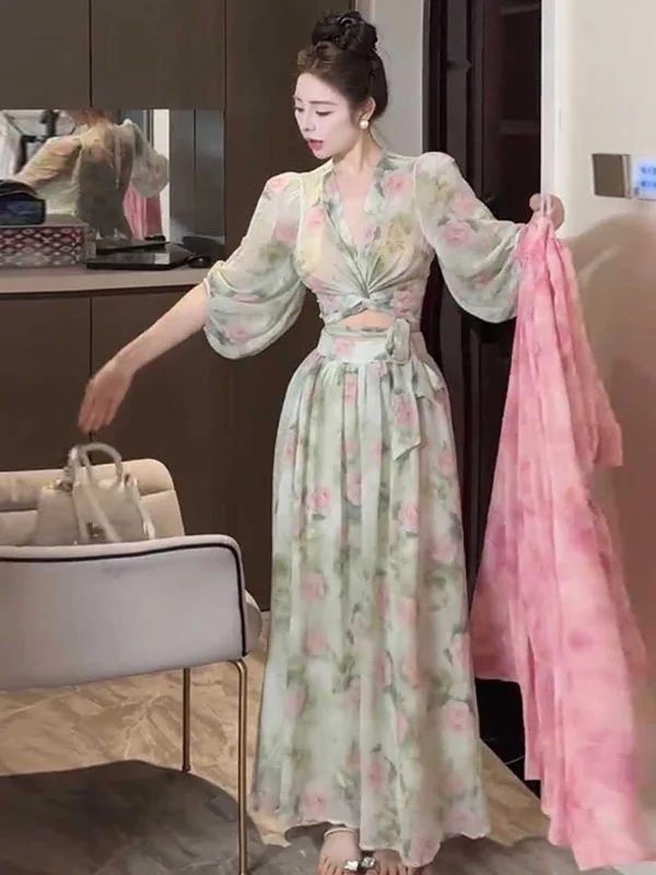 

Floral Print Cross Tie Waist High Waist Long Sleeve V-Neck Two-Piece Set Sexy Short Dress High Waist Skirt Summer Fashion