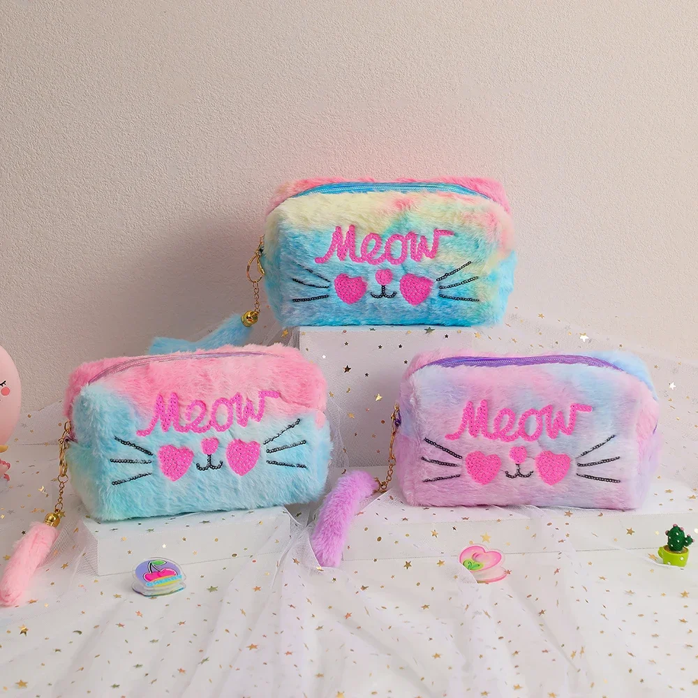 New Sweet Sequins Cat Makeup Pouch Soft Rainbow Furry Travel Cosmetic Organizer Pouch Girls Small Bag Pencil Case Bag