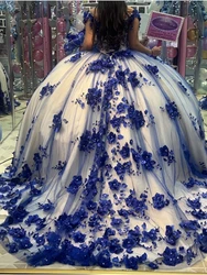 Custom Made Royal Blue Vestidos De 15 Quinceañera Cap Sleeve 3D Floral Long Birthday Party Prom Dresses Sweet 16 años Festa 2025