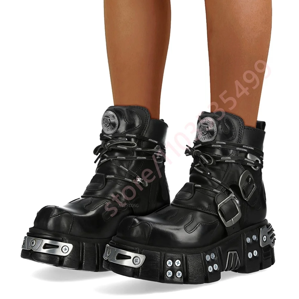 

Black Metal Studded Ankle Boots Punk Rock Party Motorcycle Style Lace-Up Casual Sporty round Buckle 2025 Street Fashion