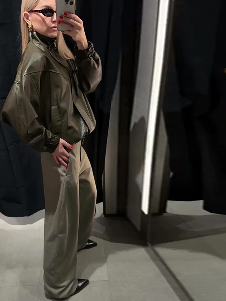 Giacca bomber da strada in ecopelle da donna colletto alla coreana cerniera tasca a maniche lunghe cappotto solido femminile tagliente casual capispalla da donna 2026