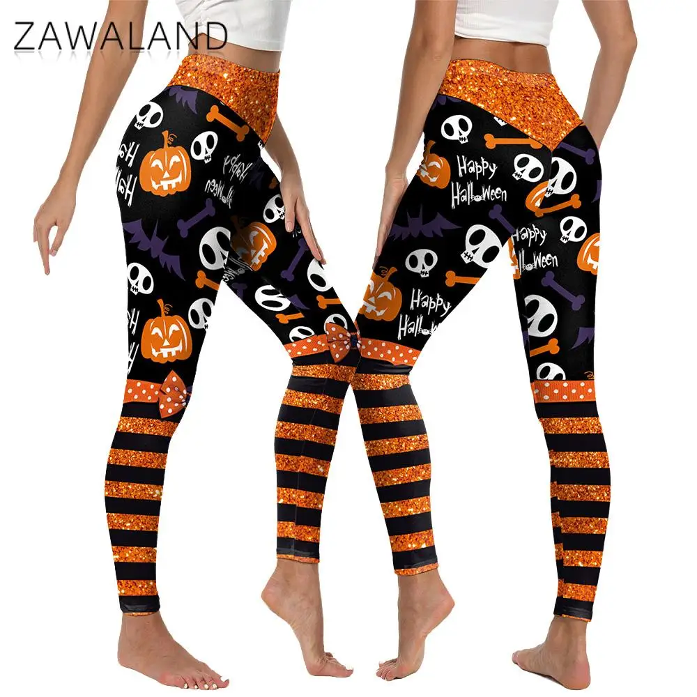 

Zawaland Women Festive Halloween Leggings Glitter Waistband Graphic Pants Pumpkin Skull Pattern Sexy Tights Lady Party Bottom