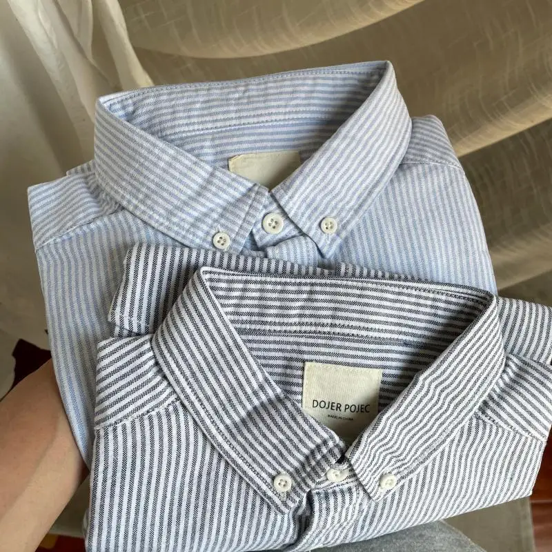 Retro Japanese Versatile Wash Striped Shirt Oxford Spinning Men and Women Casual Long-sleeved Shirt Clothes