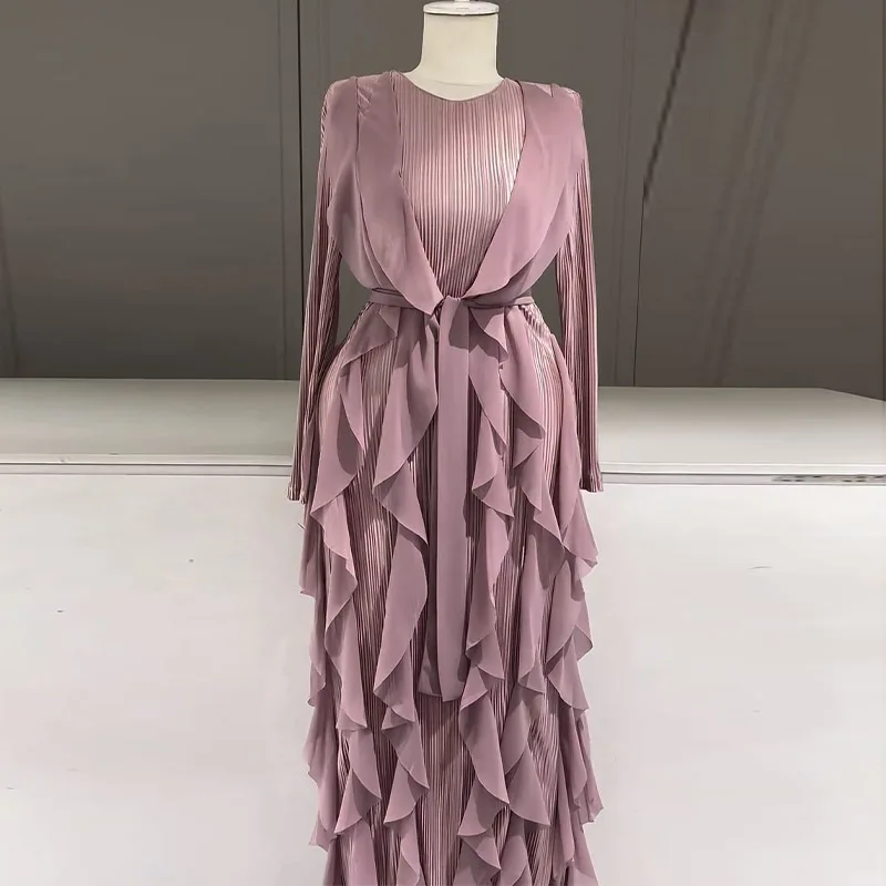 Ruffles Pleated Maxi Dress For Women Round Neck Long Sleeves High Waist Satin Dresses Lace-up Fashion Party New Clothing