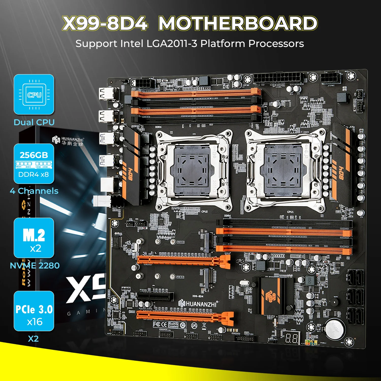HUANANZHI X99-8D4 LGA2011-3 Mainboard For Intel Xeon E5 V3 V4 8 Slot DDR4 RAM Dual M.2 NVME PCIe3.0 Server Workstation Motherboa