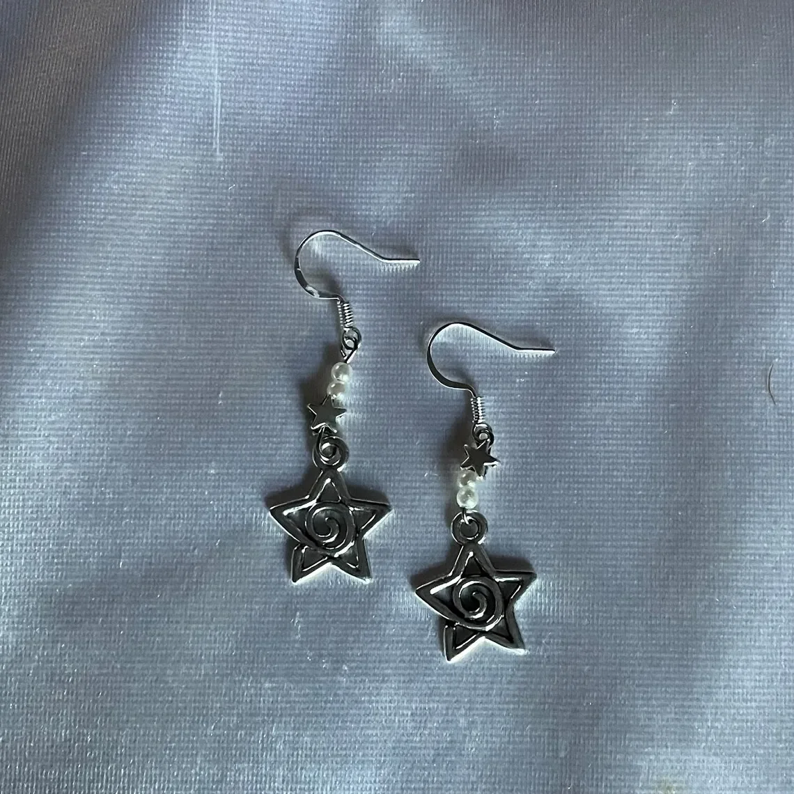 Faux Pearl Whimsy Goth Swirly Star Asymmetrical Earrings Silver Color Pair of Celestial  Witch Celestial Gift Friend Women Boho