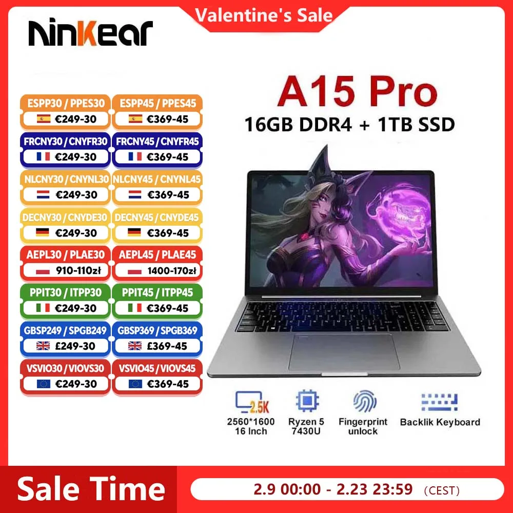 Ninkear A15 Pro Laptop 16GB 1TB AMD Ryzen ™   5 5625U 16 inch 120Hz 2560*1600 Scherm Vingerafdruk Ontgrendelen Notebook Computer