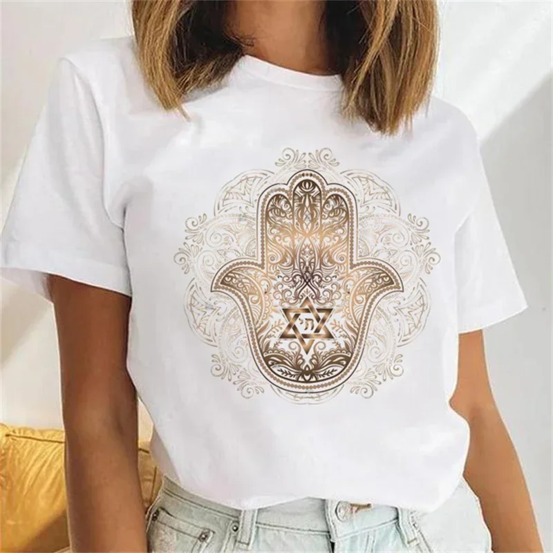 Hamasa Hand of Fatima Print Women's T-Shirts Lucky Hamsa Hand Harajuku Alchemy TShirts Summer Short Sleeve White Top Tees Female