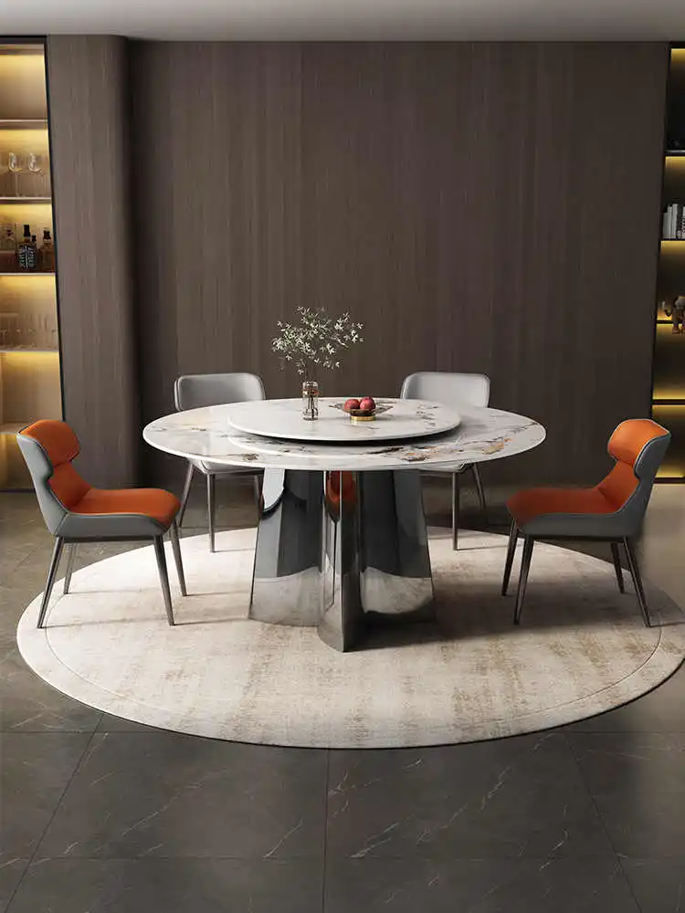！@Italian Large Rock Slab Modern Dining Table Chair Combination Home Use High-End Designer Hotel Revolving Dining Table
