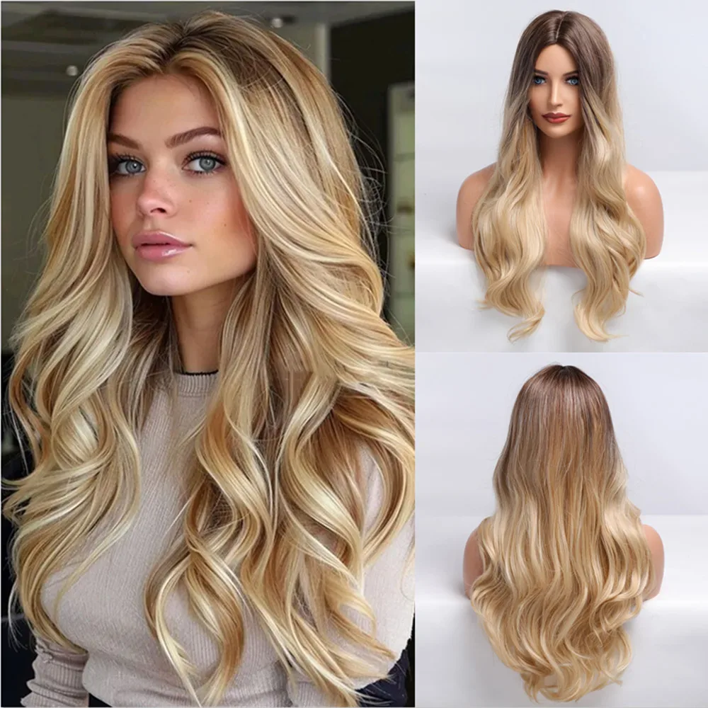 ALAN EATON Blonde Long Wavy Synthetic Wig for Women Natural Middle Part Wig Heat Resistant Soft Daily Hair Party Cosplay Use