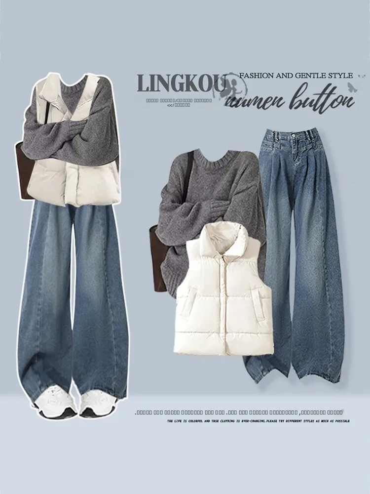 

Korean Sle Women's Knitted Cotton Vest And Jeans Tee-Piece Set Casual Loose Fit Long Sve round Ne High Waist Jeans