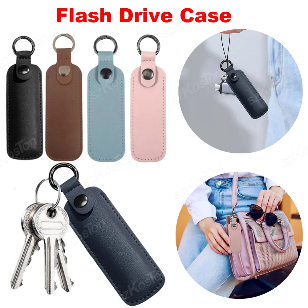 USB Flash Drive PU Leather Pouch Protective Cover Anti Lost Travel Holder Portable Storage Bag Memory Stick Case with Keychain
