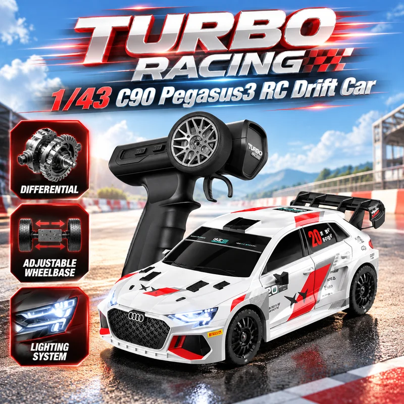 New TURBO RACING 1/43 C90 Pegasus3 Remote Control Flat Running Drift Car Simulation A3 8KM/H Electric RC Desktop Model With LED