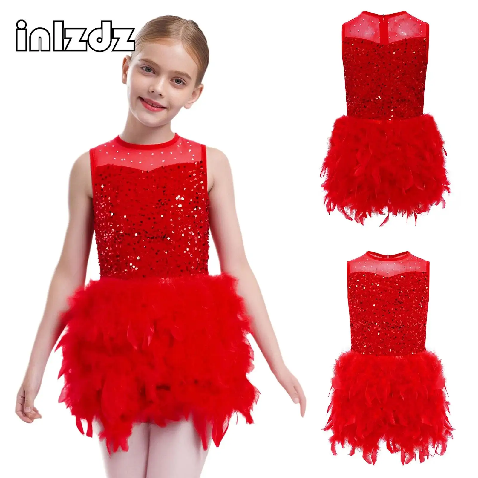 

Kids Girls Latin Jazz Dance Performance Costume Sleeveless Shiny Sequins Feather Velvet Briefs Dress for Stage Show Performance