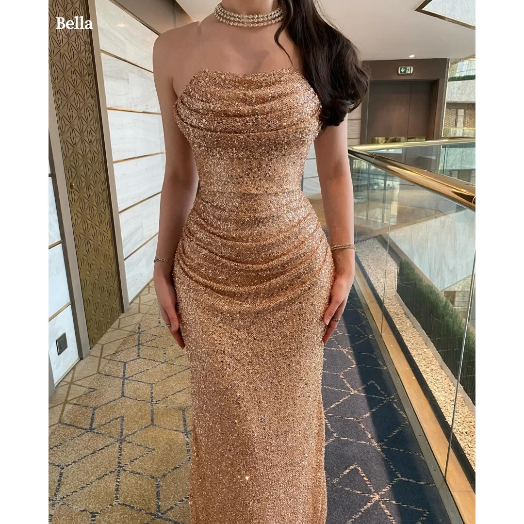 

Bella Customized Gold Strapless Prom Dress Full Sequin Ruched Waist High Slit Floor-Length Elegant Mermaid Gown robes de soirée