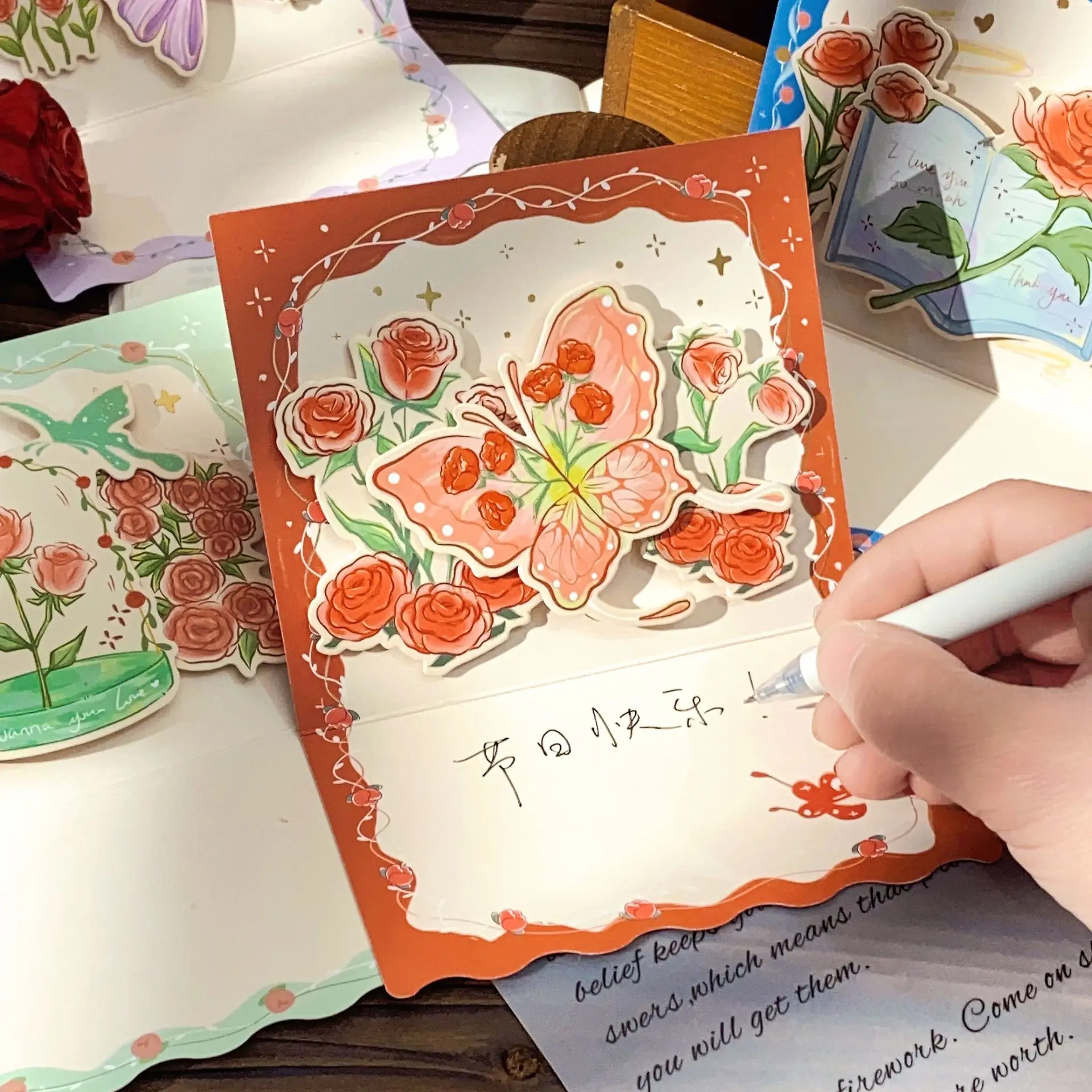 

3D Birthday & Mother's Day Hot-Stamped Instagram-Style Rose and Butterfly Pop-Up Greeting Card Set with Envelope