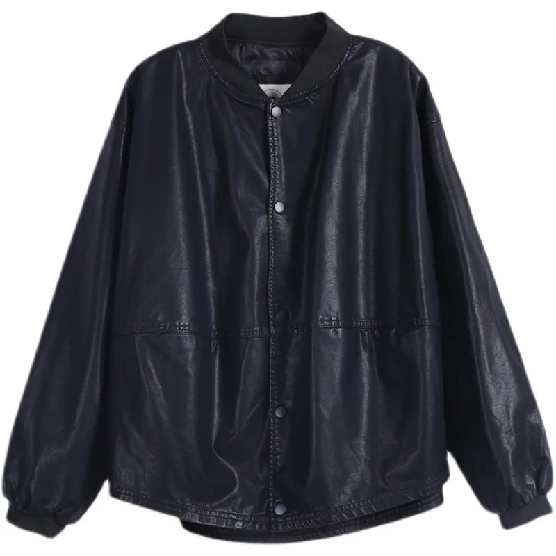 Gola de beisebol solta couro jaet casual outerwear para mulheres marca loja produtos sob medida longo sve cor pura commute sle