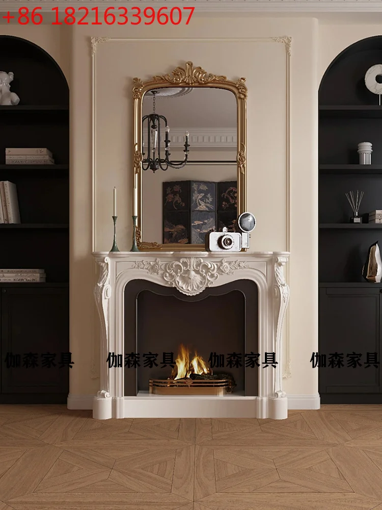 

French carved solid wood light luxury design retro fireplace background wall simulation fire high-end entrance cabinet