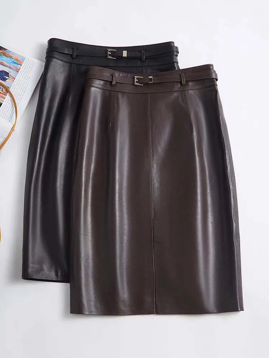 

Genuine Leather Back Slit Mid Skirt Fashion Trend Golden Metal Belt Skirt For Women Slim Fit Wrap One Step Jupe